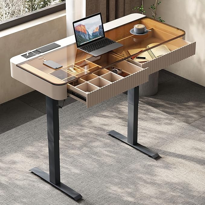 Lartis Office Desk, Electric Computer Lift Table Standing Desk with Drawer Charging USB Port, Home Office Laptop Table with Drawer