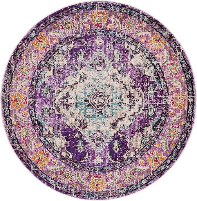 SAFAVIEH Monaco Collection Area Rug - 5' Round, Violet & Light Blue, Boho Chic Medallion Distressed Design, Non-Shedding & Easy Care, Ideal for High Traffic Areas in Living Room, Bedroom (MNC243L)