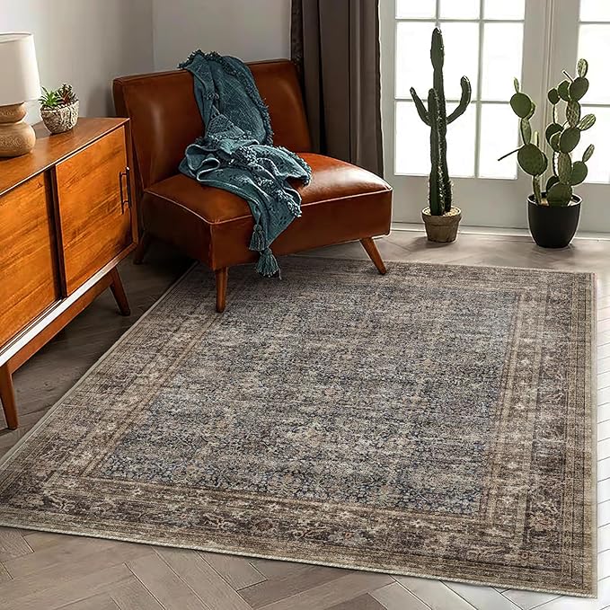 Washable Area Rug 4'x6' Traditional Floor Cover Foldable Thin Rugs Retro Kitchen Indoor Distressed Non Slip Carpet Floral Print Mat Bedroom Living Room