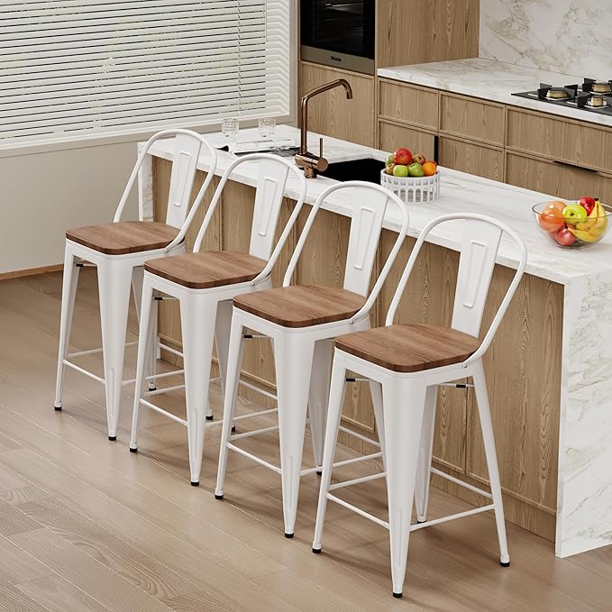 Changjie Furniture 26 Inches Bar Stools, Counter Height Bar Stools with Back Modern Barstools Bar Chairs Set of 4 for Kitchen (26 Inch, White)