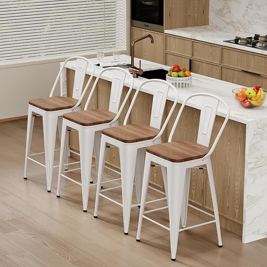 Changjie Furniture 30 Inches Metal Barstools Set of 4 Counter Height Bar Stools Industrial Stools with Backs High Back Chairs for Kitchen Island (30 Inch, White)