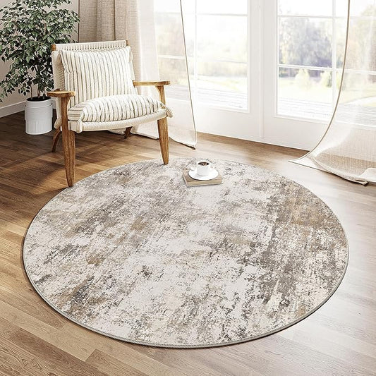 4x4 Washable Round Rug Brown Grey Neutral Abstract Entryway Non Slip Low Pile Area Rug Living Room Bedroom Indoor Doormat Soft Carpet for Entrance Bathroom Office Kitchen
