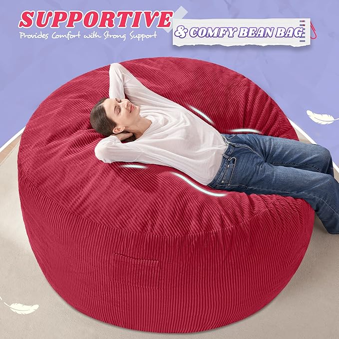 HABUTWAY 5FT Bean Bag Chair,Giant Bean Bag Chairs for Adults,Big Bean Bags with Memory Foam Filled, Large Beanbag Chairs with Soft Corduroy Cover-RED