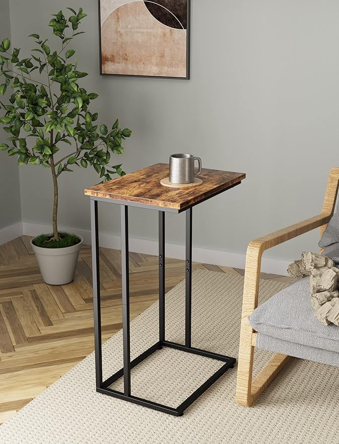 Innerjoin Wide C Side Table,C Couch Laptop Table with Metal Frames, Small Snack End Table for Sofa and Bed, Retro Laptop C Side Table, Living Room and Bedroom, Industrial Style, Rustic Brown