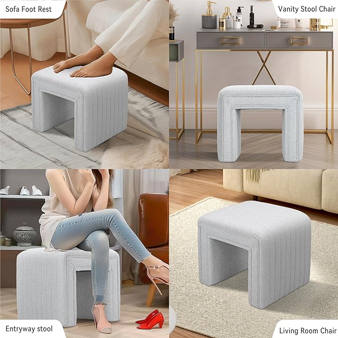 Get Set Style Vanity Stool Chair,Modern Linen Ottoman Foot Stool with Wooden Legs Sofa Bench Footstool Extra Seat for Vanity,Makeup Room,Living Room,Entryway,Office (Fully Assembled)