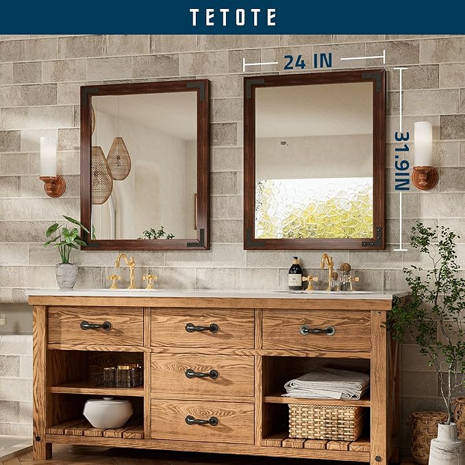 TETOTE 24 x 32 Walnut Wood Framed Mirror for Bathroom Wall/Bedroom/Living Room/Entryway Farmhouse Rustic Wall Mirror Waterproof (Horizontal/Vertical Mounted)