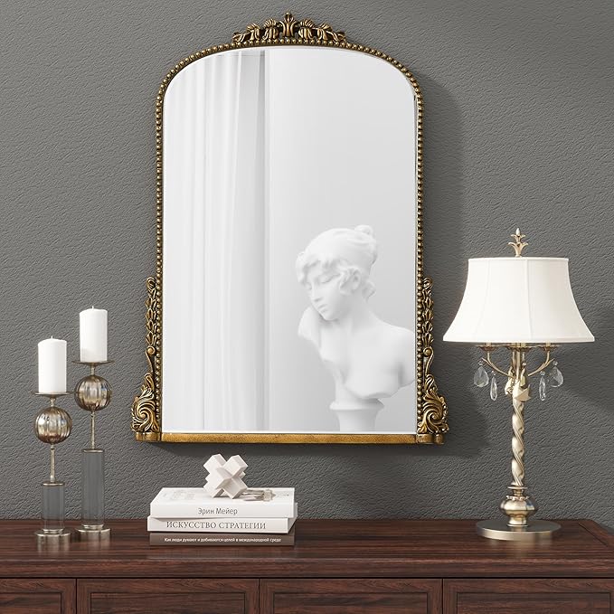 SHYFOY Antiqued Wall Mirror Decorative Vintage Mirrors for Wall Decor, Baroque Wall Mirrors Ornate Arch Mantel Mirror for Living Room Entryway Powder Room, Bronze Dark-Gold Wall Decor, MDF Backing