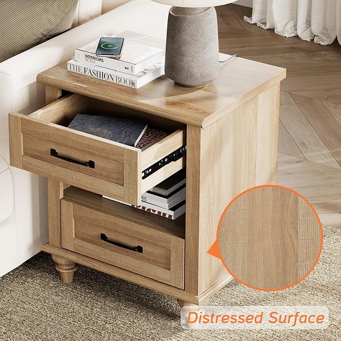 WAMPAT Oak Night Stand with 2 Drawers, Wooden Sofa Side Table with Charging Station, Farmhouse End Table for Living Room, Retro Nightstand Bedside Table for Bedroom