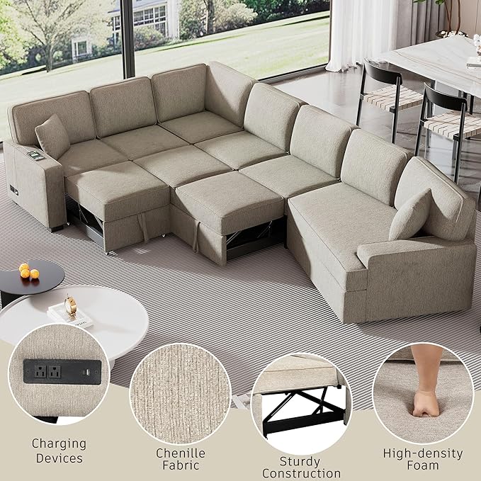 126" Extra Large Pull-Out Sofa Bed with Drop-Down Cup Holder Tables,L-Shaped Sectional Cozy Couch W/Charging Device,Convenient Sleeper Furniture Set for LivingRoom Apartment,Black Chenille