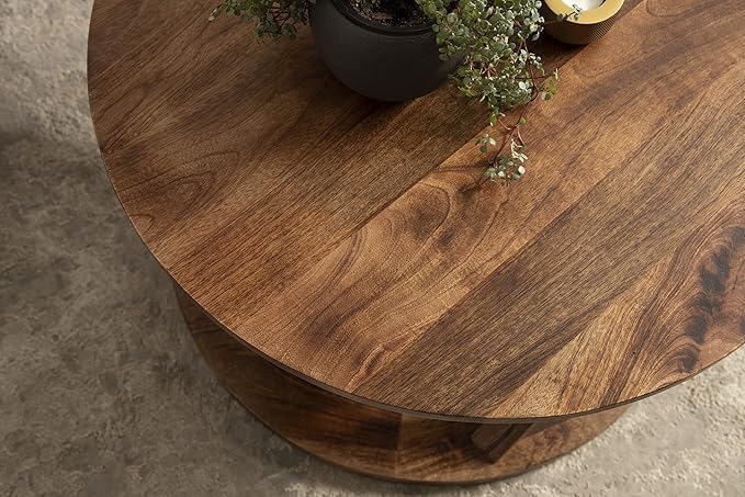 Kate and Laurel Aja Bohemian Round Wood Coffee Table; 26 inch Diameter; Walnut Brown; Decorative Boho Modern Coffee Table for Hosting; Storage; and Display