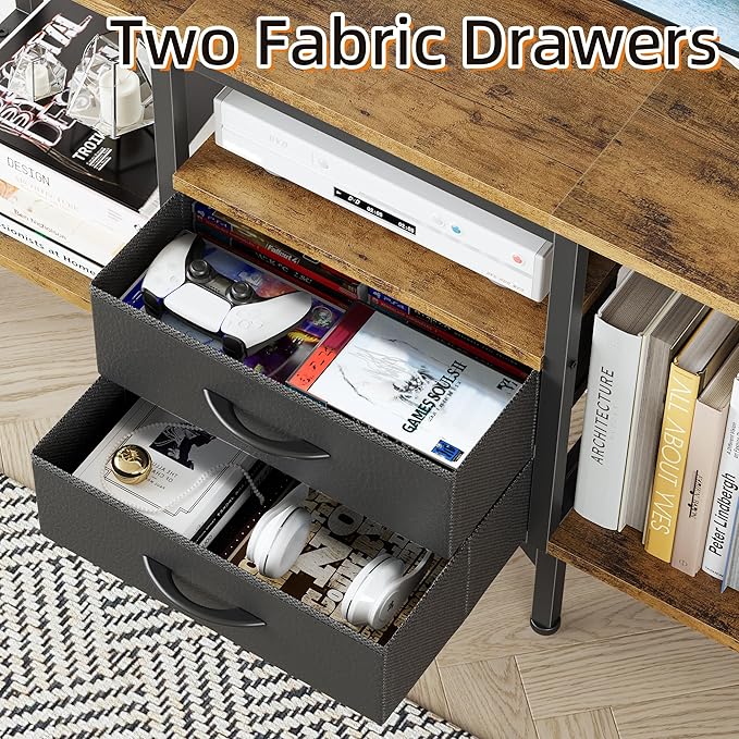 Small TV Stand with Fabric Drawers/LED Light for 55 inch TV, Entertainment Center with Storage Open Shelves，Media Console Table for Living Room, Bedroom, Rustic Brown