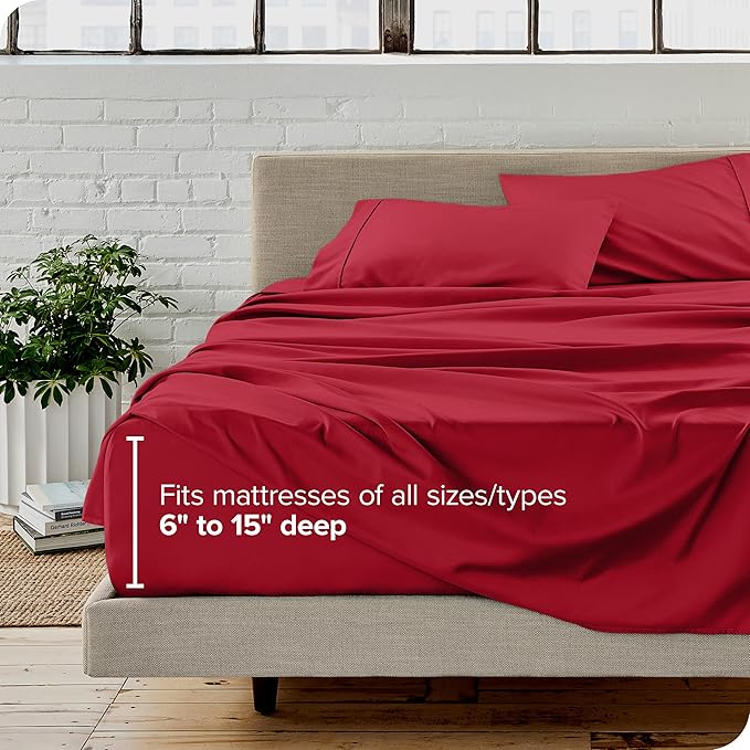 Bare Home Full XL Sheet Set - Luxury 1800 Ultra-Soft Microfiber Full Extra Long Bed Sheets - Double Brushed - Deep Pockets - Easy Fit - 4 Piece Set - Bedding Sheets & Pillowcases (Full XL, Red)