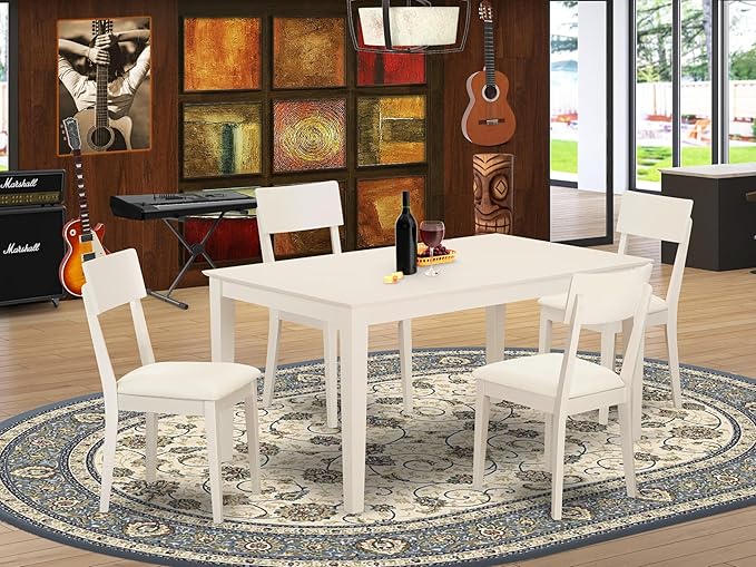 East West Furniture CAAD5-LWH-LC 5 Piece Dining Room Table Set Includes a Rectangle Kitchen Table and 4 Faux Leather Upholstered Dining Chairs, 36x60 Inch, Linen White