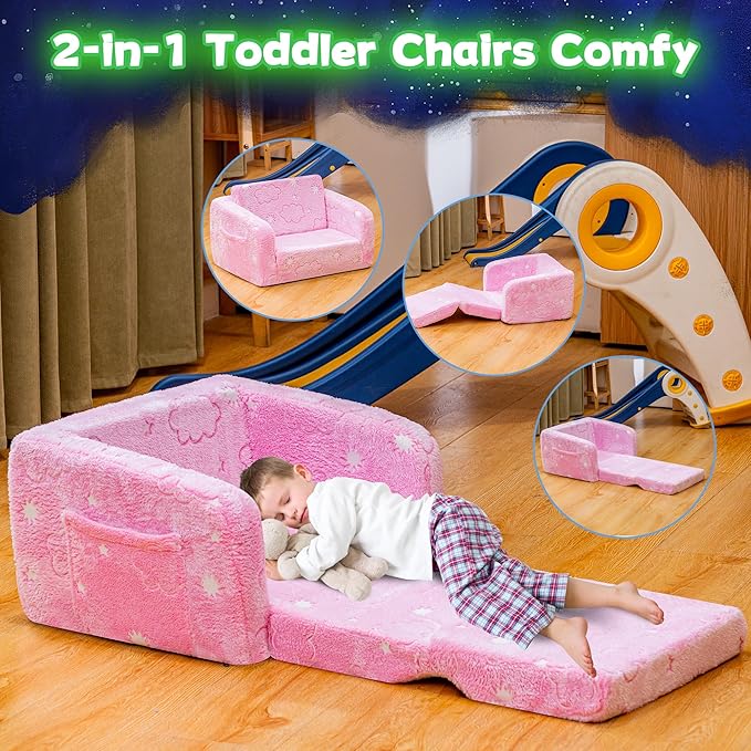 Lamerge 2-in-1 Soft Toddler Couch Fold Out,Foldable Toddler Chair, Glow in The Dark Kids Sofa for playroom,Convertible Foam and Floor Cushion for Boys and Girls (Pink and Clouds)
