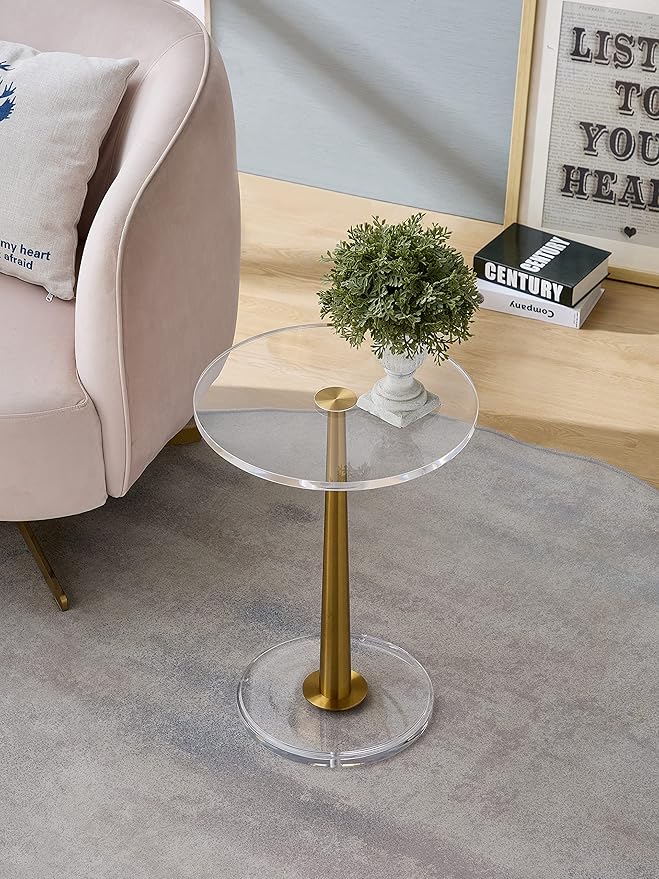 Clear Acrylic Table with Cone Metal Pole (Small, Brushed Gold) …