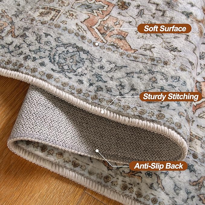 Tangsoo 2x10 Washable Runner Rug for Hallways, Non Slip Vintage Runner Rug, Soft Low Pile Long Runner, Print Distressed Taupe Carpet Runners for Kitchen Bedroom Entryway Bathroom Living Room