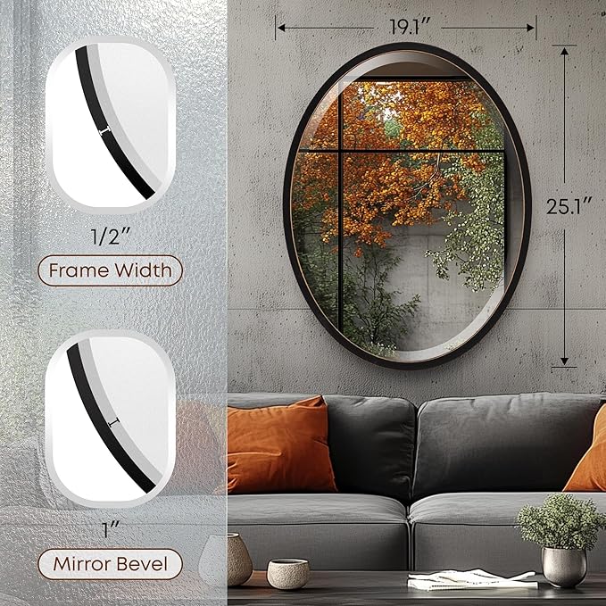 OVALCREST - Oval Wooden Beveled Wall Mirror for Home Decor, Bathroom, Vanity, Bedroom, Living Room, Hallway - London Style (Rubbed Black) 19.1 x 25.1