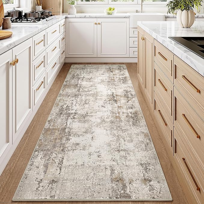 2x6 Washable Runner Rug Brown Grey Neutral Abstract Hallway Kitchen Living Room Bedroom Non Slip Throw Rug Soft Low Pile Indoor Carpet for Entrance Laundry Bathroom