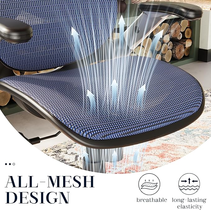GABRYLLY Ergonomic Office Chair, High Back Mesh Desk Chair with Adjustable Headrest, Flip-Up Arms, 90-120° Tilt Lock, Lumbar Support and Comfy Seat, Swivel Computer Task Chair, Blue
