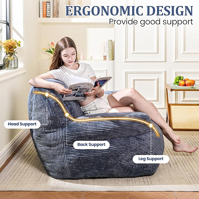 Bean Bag Chair, Faux Fur Bean Bag Chairs for Adults, Fluffy and Comfy Bean Bag with Filler, Bean Bag Sofa Chair for Reading, Gaming, Stuffed High-Density Foam (Grey)