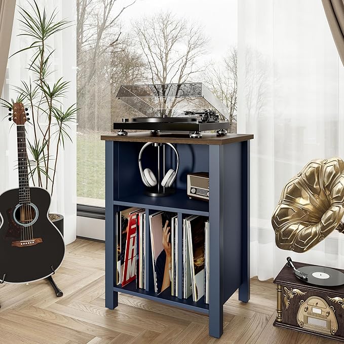 LIDYUK Record Player Stand, Vinyl Record Storage Table End Table with Display Shelf Holds up to 130 Albums, Large Nightstand Wood Turntable Stand Cabinet Side Table for Living Room, Bedroom, Blue