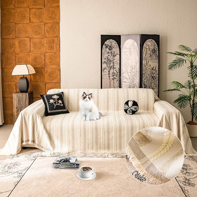 Couch Cover for Dogs Washable Sofa Cover, Sectional Couch Covers, Sofa Covers for 2 Cushion Couch, Non Slip Stripe Sofa Slipcovers Furniture Protector, Couch Protector from Cat Claws, Beige,71''x134''