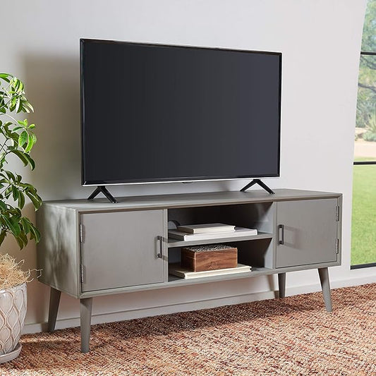 SAFAVIEH Sorrel TV Stand for up to 55" Flatscreen – Distressed Grey, 2 Doors with Interior Storage, 2 Open Shelves, Entertainment Media Console (MED5701D)