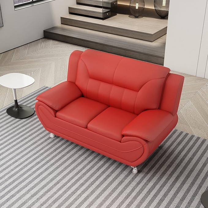 Container Furniture Direct Michael Modern Faux Leather Upholstered Stainless Steel Legs Living Room Loveseat, Red
