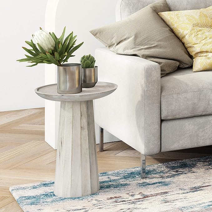 SIMPLIHOME Dayton SOLID MANGO WOOD 13 inch Wide Round Contemporary Wooden Accent Table in White Wash , Fully Assembled for the Living Room and Bedroom