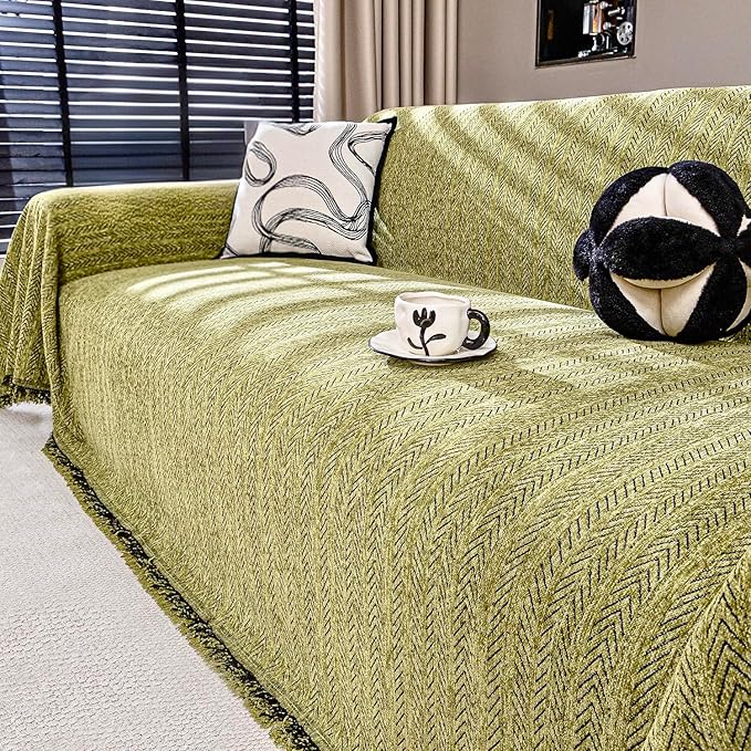 Nobildonna Sofa Cover Washable Soft Thicken Chenille Couch Cover with Tassel,Waterproof Sofa Slipcover for 3-4 Cushion Couch,Sectional Sofa,L-Shaped Furniture Protector Pet-Friendly,Green 91"x150"