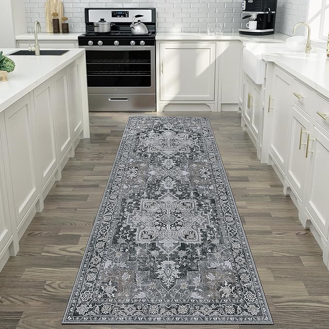 GENIMO 2x10 Runner Rugs for Hallway, Machine Washable Non Slip Vintage Rugs, Low Pile Lightweight Soft Print Rug for enrtyway, Corridor, Home Office, Kitchen,Dark Gray