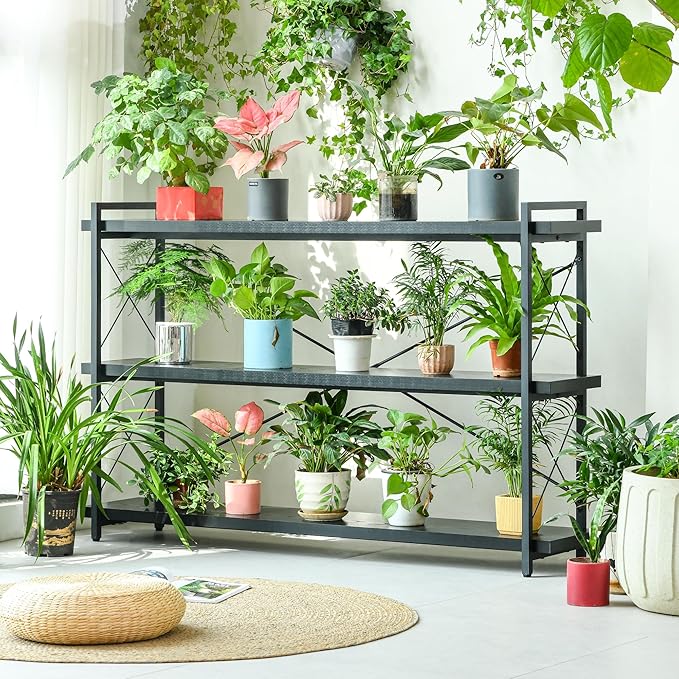 HCHQHS Bookshelf, 3-Tier Long Industrial Bookcase, Black Open Book Shelf, Freestanding Horizontal Bookshelves with Metal Frame
