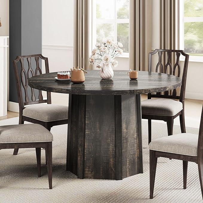 DWVO 47" Round Dining Table for 4-6 People Farmhouse Industrial Dinning Room Table with 1.18" Thickness Wood Grain Tabletop Rustic Circle Dining Table with Hexagonal Base for Eating Dinner Grey