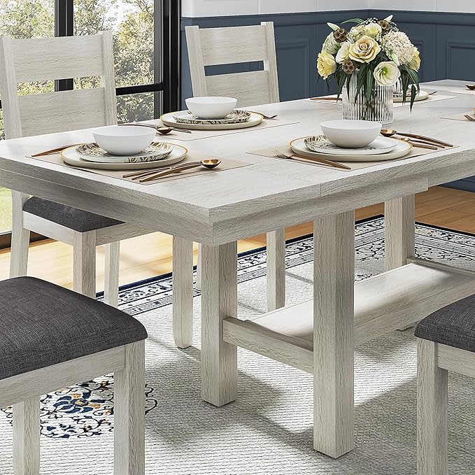 7-Piece Solid Wood Dining Table Set for 6, Extendable Table with 6 Chairs – Easy Assembly for Indoor Use, Kitchen, Dining Room, Grey