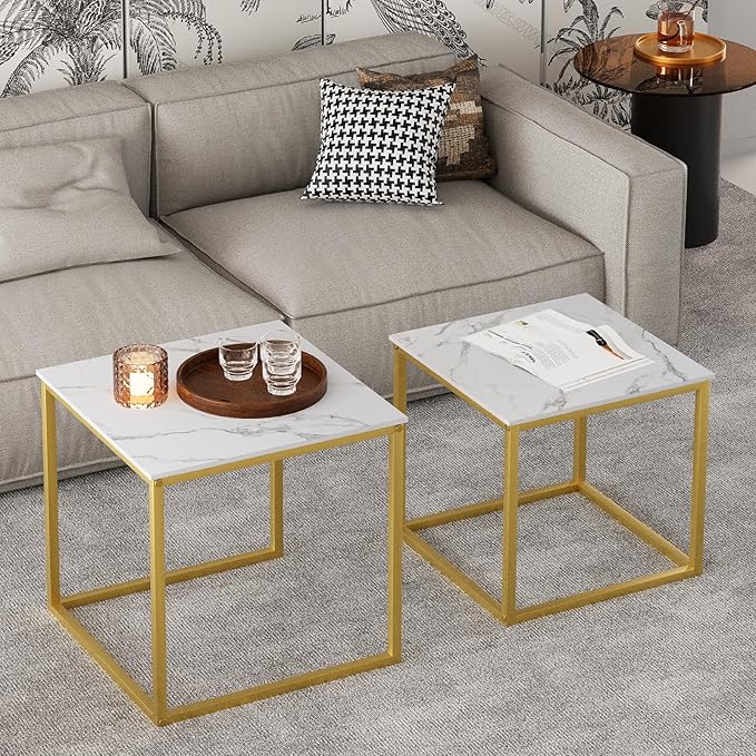 Garden 4 you Coffee Table Set of 2, Modern Engineered Wood Nesting Table, Metal Frame Square Center Table Set, Side Tables, Nesting Coffee Table for Living Room, Bedroom and Small Spaces, 19.7in Gold