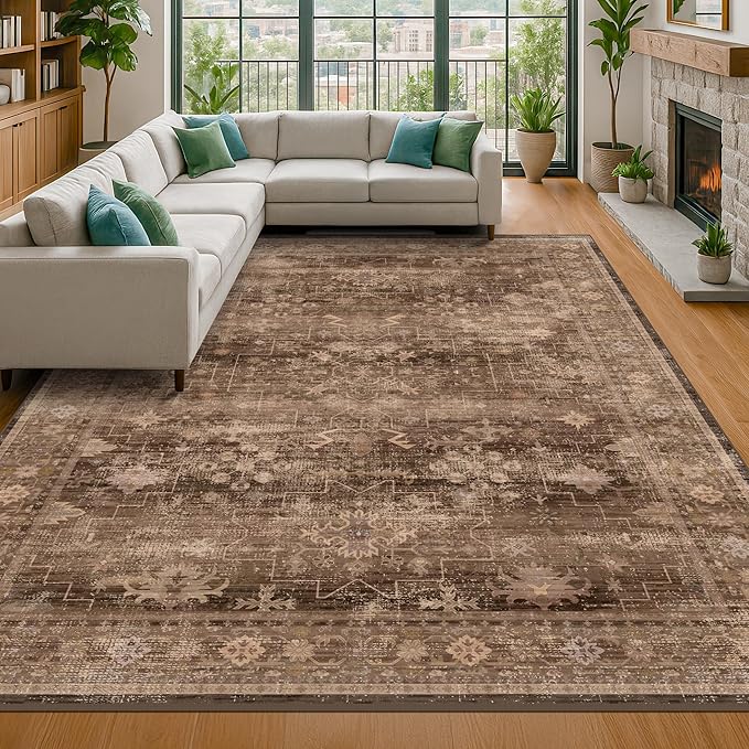 Brown 9x12 Living Room Rug - Vintage Western Eclectic Unique Neutral Taupe, Washable Low Pile Non-Slip Large Area Rugs for Dining Under Table Bedroom Under Bed
