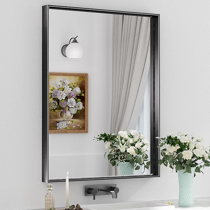 Keonjinn Black Bathroom Vanity Mirror 28 x 36 Inch Rectangle Wall Mirror Metal Framed Farmhouse Mirror Brushed Square Corner Bathroom Mirror for Over Sink, Modern Black Mirror(Horizontal/Vertical)
