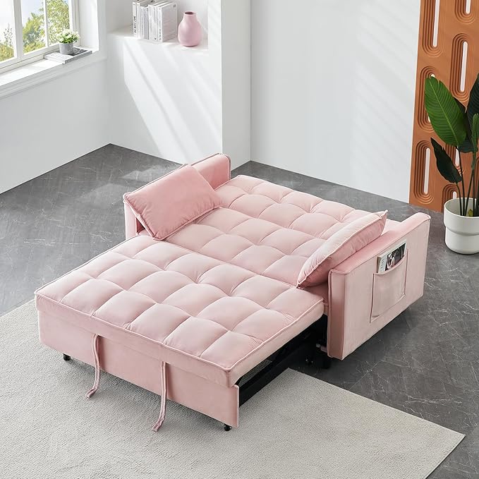 Ball & Cast 3 in 1 Convertible Sleeper Sofa Bed,Velvet Futon Couch with Pull-Out Bed,Convertible Pull Out Couches W/ 2 Pillows,Adjustable Backrest & Side Pocket,for Living Room,Apartment,Pink,55"
