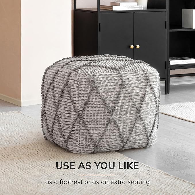Anji Mountain 100% Handmade & Handcrafted Comfortable Home Décor Pouf Ottoman Footrest for Living Room, Bedroom, Nursery, Kidsroom, Patio Furniture - (19" x 19" x 17"- Warm Gray)