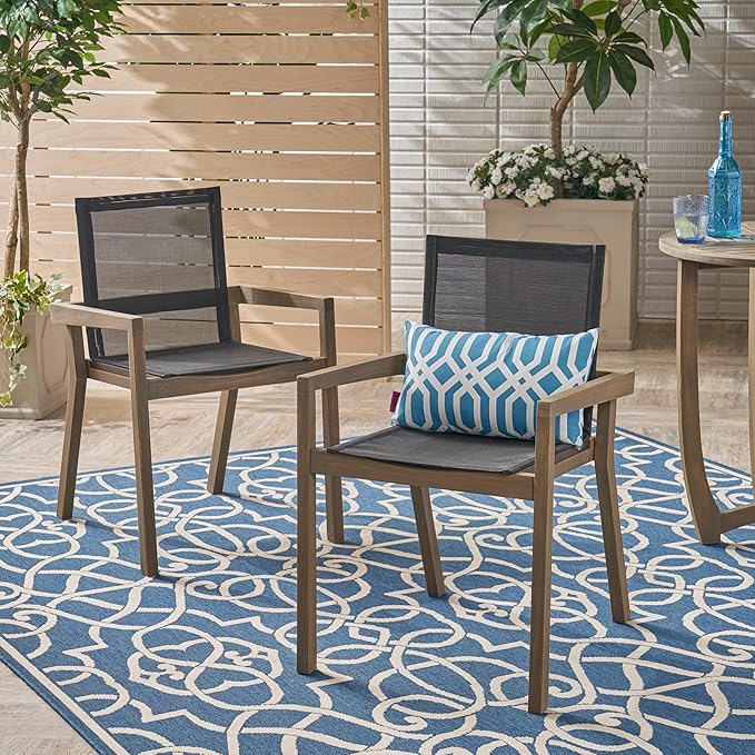 Merax Mesh Seating Solid Wood Dining Chairs Set of 2, French Country Style Accent Side Seating Furniture for Kitchen, Living Room, Textile Back,Grey