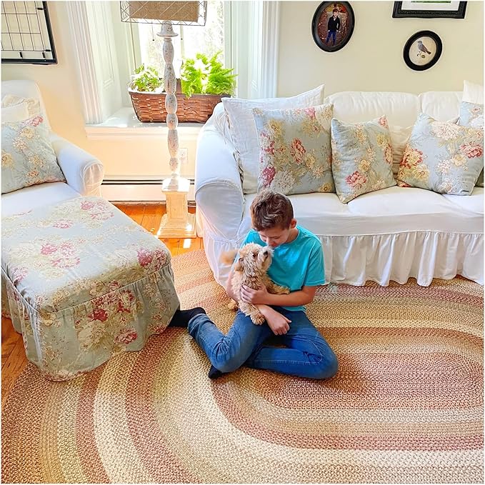 Homespice Harvest Premium Jute Braided Area Rug, 5' x 8' Oval Beige - Tan - Red - Sage - Green, Reversible, Natural Jute Yarn Rustic, Country, Primitive, Farmhouse Style - 30 Day Risk Free Purchase