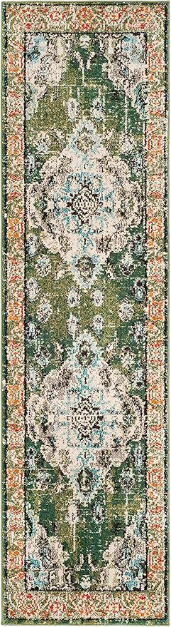 SAFAVIEH Monaco Collection Runner Rug - 2'2" x 8', Forest Green & Light Blue, Medallion Distressed Design, Non-Shedding & Easy Care, Ideal for High Traffic Areas in Living Room, Bedroom (MNC243F)
