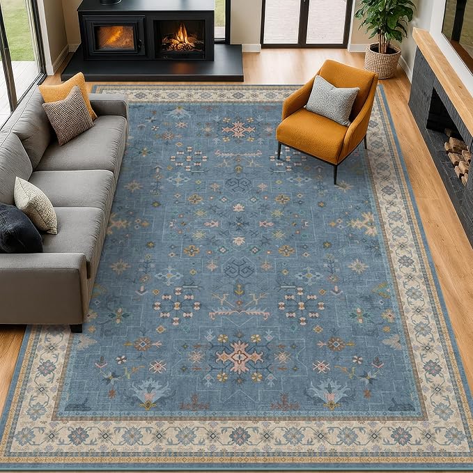 Boho 9x12 Soft Rugs for Living Room - Dark Blue Rugs for Bedroom Aesthetic, Dining Room Under Kitchen Table, Washable Soft Non Slip Large Area Eclectic Unique Décor
