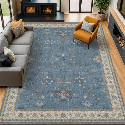 Boho 9x12 Soft Rugs for Living Room - Dark Blue Rugs for Bedroom Aesthetic, Dining Room Under Kitchen Table, Washable Soft Non Slip Large Area Eclectic Unique Décor