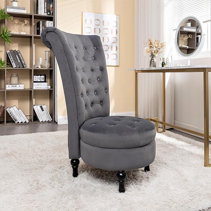 Container Furniture Direct Royal High-Back Velvet Accent Chair for Vanity with Storage and Luxurious Upholstery, Retro Design and Versatile Usage for Livingroom, Bedroom, Lounge and Office, Grey