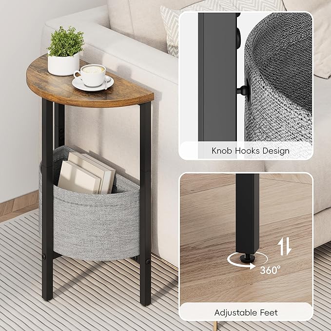 Vagusicc Small Round Side Table, Accent End Table with Storage Basket, Set of 2 Half Round Tables End Table, Coffee Bedside Table Half Moon Tables, Modern Nightstand for Living Room Bedroom, Brown