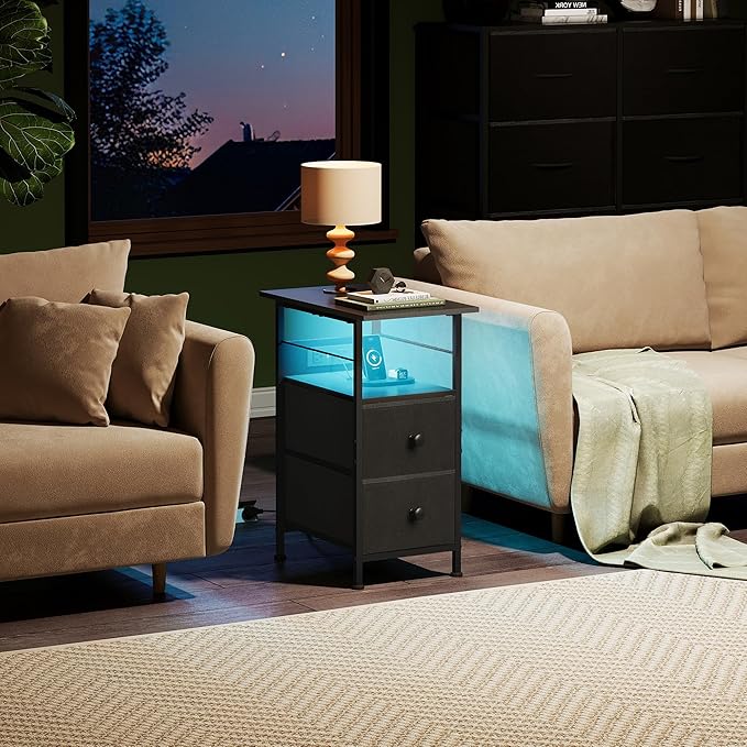 WLIVE Nightstand Set of 2 with Charging Station, End Table Sets with LED Lights, 2 Fabric Drawers and Open Shelf, Bed Side Tables Living Room, Small Space, Night Stand for Bedroom, Black