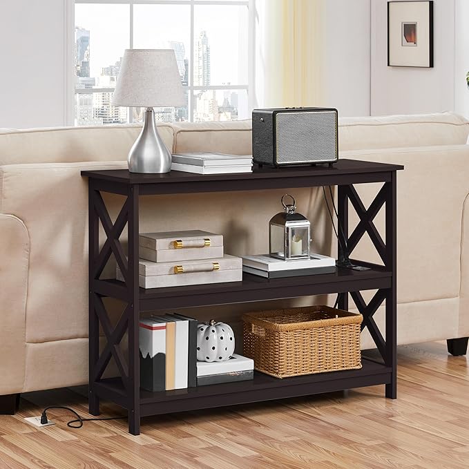 Yaheetech Console Table with Power Outlet, 3 Tier Narrow Sofa Couch Table with Storage Shelves, Wood Entryway Table Side Table for Living Room, Hallway, Entrance, Bedroom, Espresso