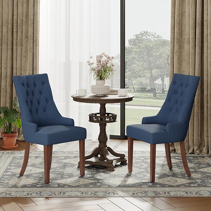 COLAMY Wingback Upholstered Dining Chairs Set of 2, Fabric Dining Room Chairs with Tufted Button, Living Room Chairs for Home Kitchen, Blue