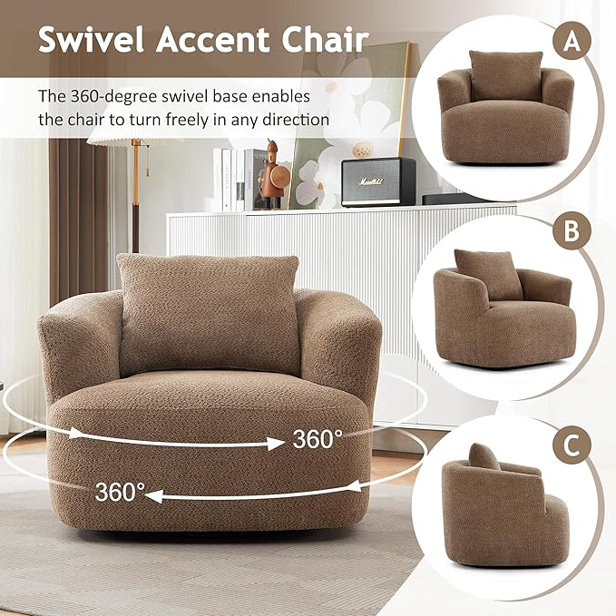 Merax Modern Cozy Chenille 360° Swivel Sofa Chair with a Throw Pillow, 38.2" Upholstered Leisure Barrel Accent Armchair with Deep Seating for Living Room Bedroom,Office, Hotel, Dark Brown